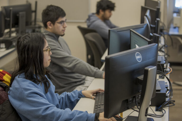 One Female and One Male Computer Networking Students Looking at Screens in Denver, CO