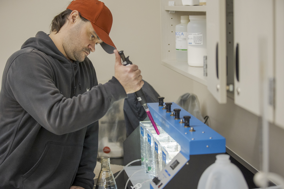 Male Water Quality Management Student Tests Water with Dropper and Beaker in Denver, CO