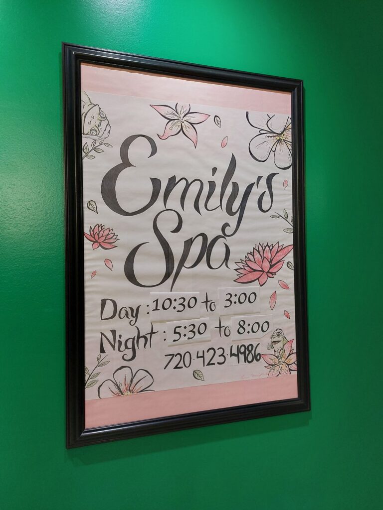 Emily's Spa Entrance Sign at the Branch Campus in Denver, CO