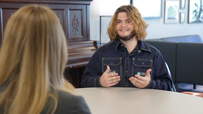 Emily Griffith graduate, Jordan Gantzler, being interviewed by Denver 7