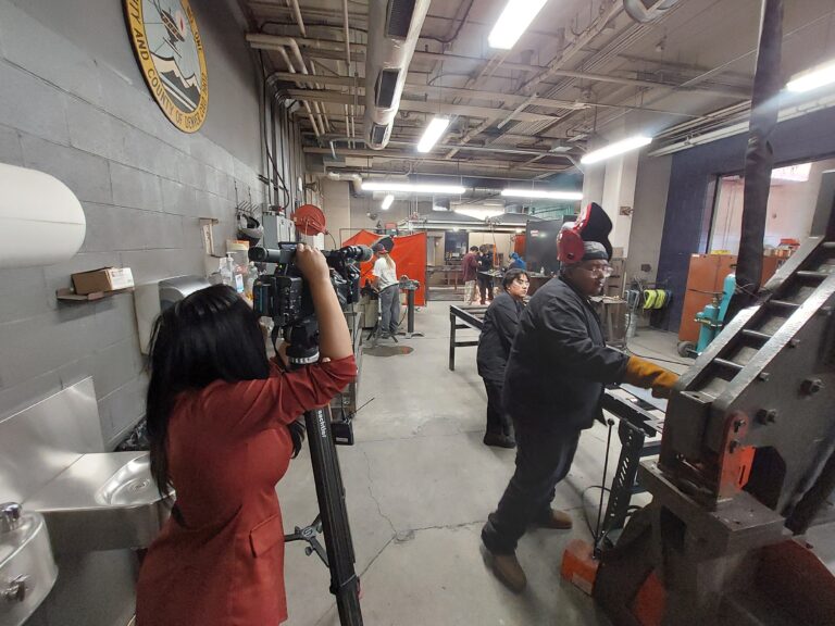 Fox31 Reporter recording Welding students in Welding lab