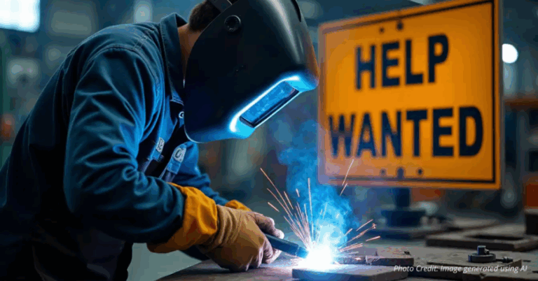 Welding student with sparks flying and help wanted sign
